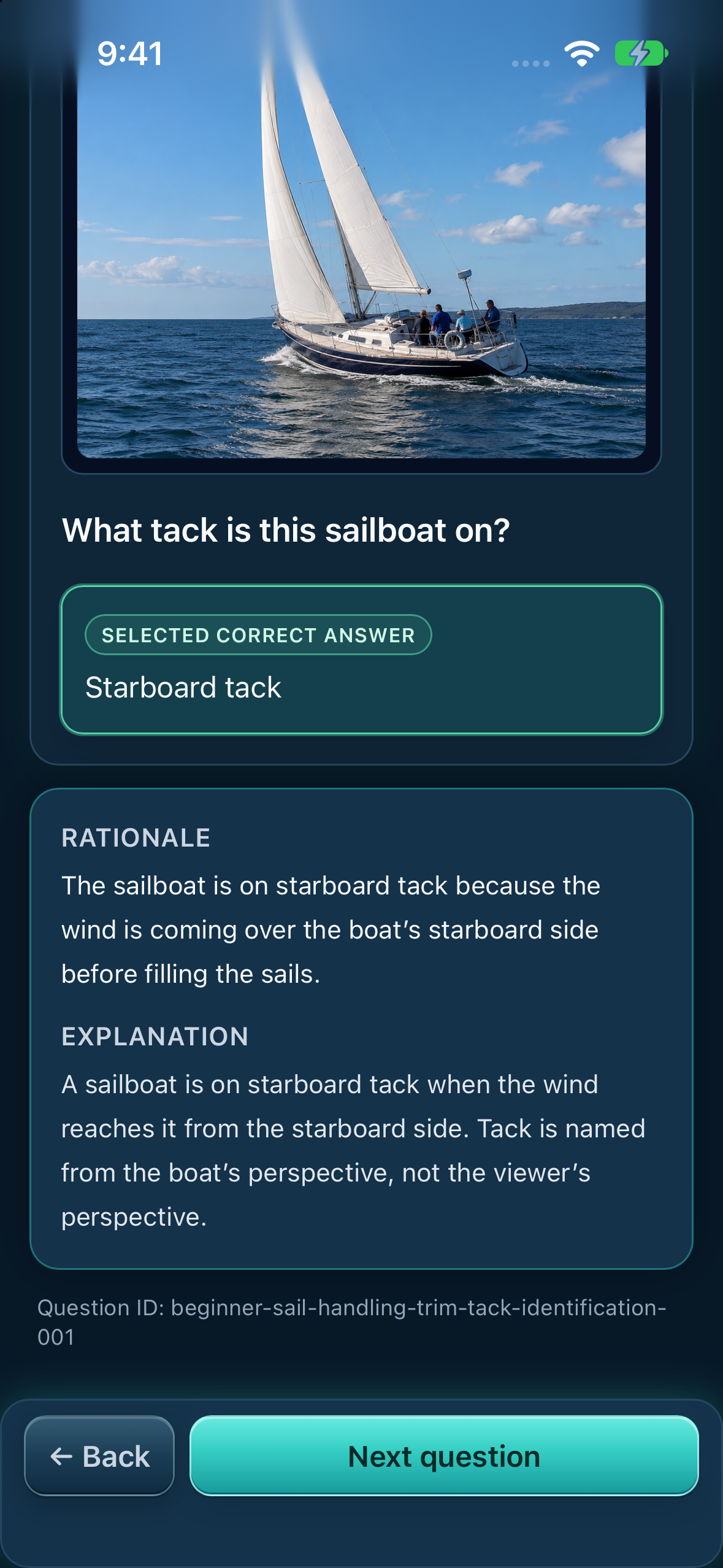 The same sailing question with its correct answer, rationale, and learner explanation