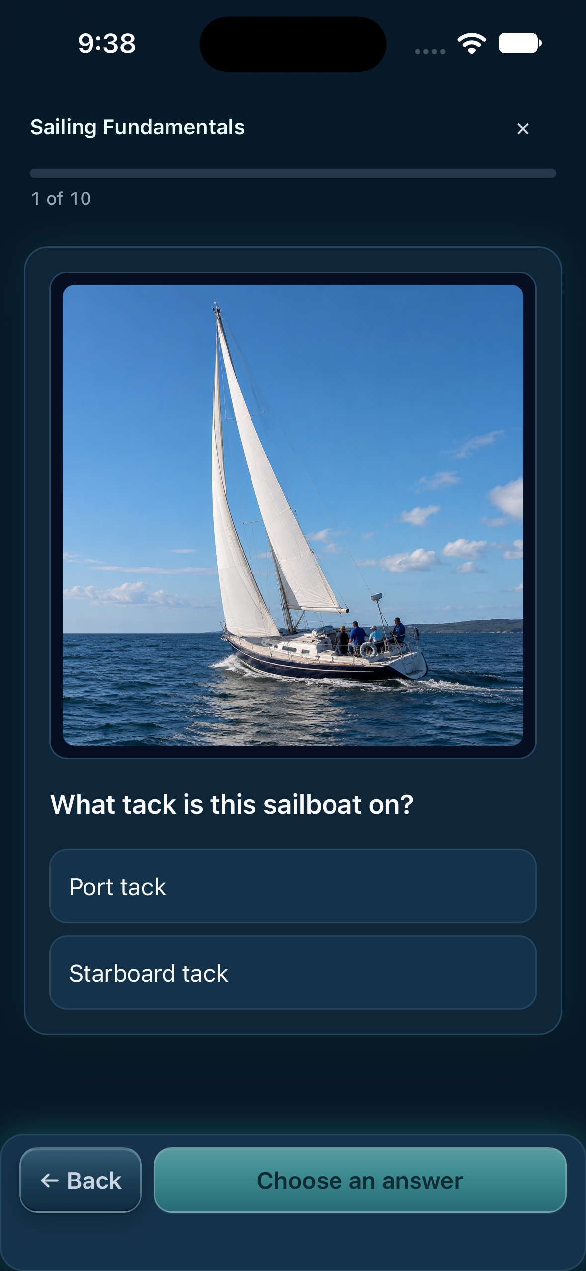 A sailboat photograph with a question about its tack and answer choices