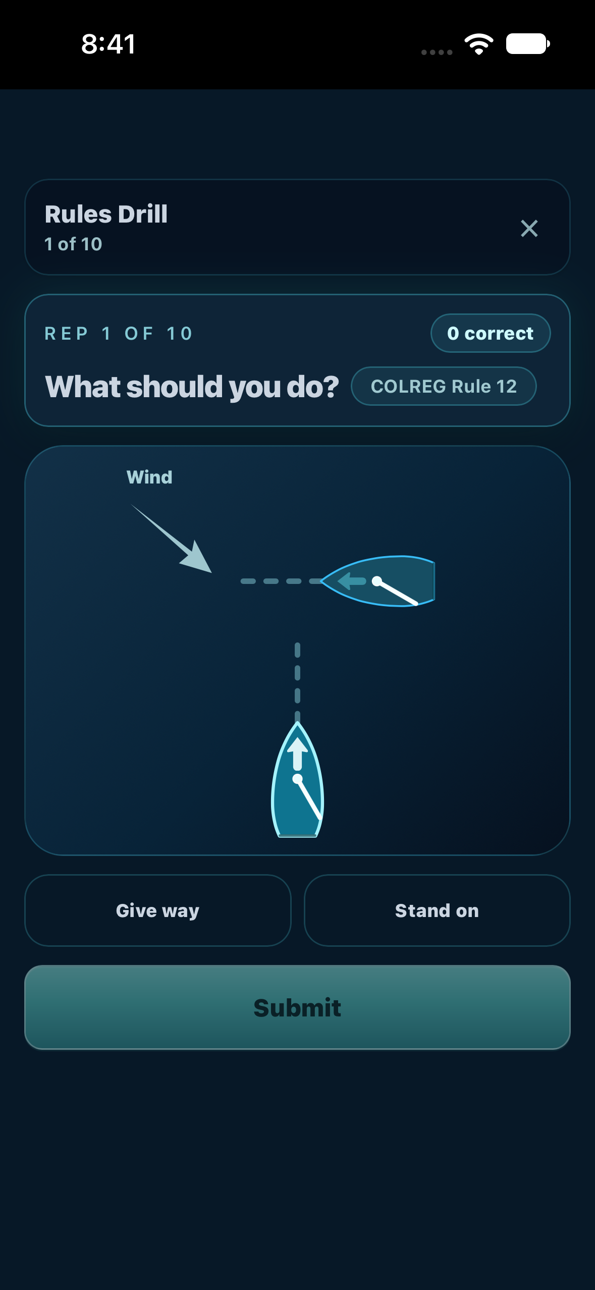 Rules of the Road trainer showing a vessel encounter